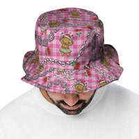 Pink Palaka Hawaii Mele Kalikimaka Bucket Hat Ohia Lehua Shell Leis Funny Gingerbread Santa - Polynesian Pride