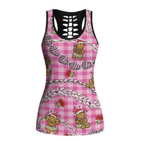 Pink Palaka Hawaii Mele Kalikimaka Hollow Tank Top Ohia Lehua Shell Leis Funny Gingerbread Santa - Polynesian Pride