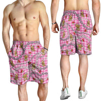Pink Palaka Hawaii Mele Kalikimaka Shorts for Men Ohia Lehua Shell Leis Funny Gingerbread Santa - Polynesian Pride