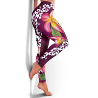 Pink Polynesia Leggings Plumeria With Hibiscus Pattern Tropical Vibes - Polynesian Pride