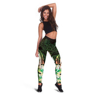Polynesian Art Tattoo Leggings Plumeria Flowers Green Gradient