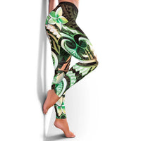 Polynesian Art Tattoo Leggings Plumeria Flowers Green Gradient