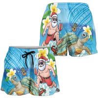Polynesian Merry Christmas Shorts for Women Funny Santa with Sea Turtle on Beach and Plumeria - Polynesian Pride