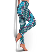 Polynesian Monstera Tiare Floral Leggings Dark Teal Tropical Plaid - Polynesian Pride
