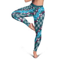 Polynesian Monstera Tiare Floral Leggings Dark Teal Tropical Plaid - Polynesian Pride
