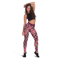 Polynesian Monstera Tiare Floral Leggings Fuchsia Tropical Plaid - Polynesian Pride