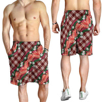 Polynesian Monstera Tiare Floral Shorts for Men Burgundy Tropical Plaid - Polynesian Pride