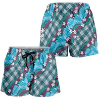 Polynesian Monstera Tiare Floral Shorts for Women Dark Teal Tropical Plaid - Polynesian Pride