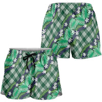 Polynesian Monstera Tiare Floral Shorts for Women Forest Green Tropical Plaid - Polynesian Pride