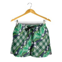Polynesian Monstera Tiare Floral Shorts for Women Forest Green Tropical Plaid - Polynesian Pride