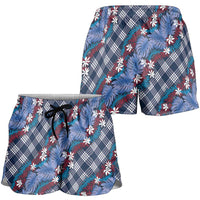 Polynesian Monstera Tiare Floral Shorts for Women Royal Blue Tropical Plaid - Polynesian Pride