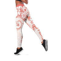 Polynesian Pattern With Plumeria Flowers Leggings Orange Peach - Polynesian Pride