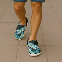 Puakenikeni Maile Lei Clogs Shoes Frangipani Turquoise Tropical Leaves