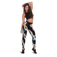 Puakenikeni Maile Lei Leggings Frangipani Blue Tropical Leaves