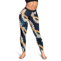 Puakenikeni Maile Lei Leggings Frangipani Blue Tropical Leaves