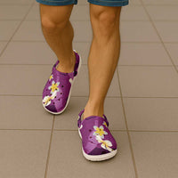Purple Banana Leaf Hawaii Clogs Shoes Lau Maia Plumeria Tropical Summer Vibes