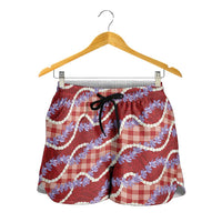 Red Hawaii Palaka Honohono Pikake Shorts for Women Hawaiian Orchid Lei Polynesian Pattern - Polynesian Pride