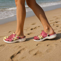 Red Palaka Hawaii Mele Kalikimaka Clogs Shoes Ohia Lehua Monstera Puakenikeni Lei - Polynesian Pride