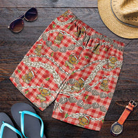 Red Palaka Hawaii Mele Kalikimaka Shorts for Men Ohia Lehua Shell Leis Funny Gingerbread Santa - Polynesian Pride