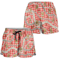 Red Palaka Hawaii Mele Kalikimaka Shorts for Women Ohia Lehua Shell Leis Funny Gingerbread Santa - Polynesian Pride