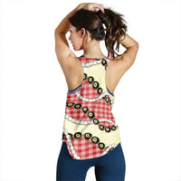 Red Palaka Hawaii Women Racerback Tank Kukui Nut Pikake Lei Hawaiian Tapa Pattern - Polynesian Pride