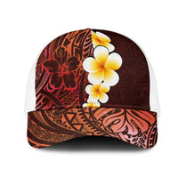 Red Polynesia Mesh Trucker Cap Plumeria Tropical Leaves With Galaxy Polynesian Art - Polynesian Pride