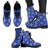 Royal Blue Palaka Quilt Hawaii Leather Boots Traditional Hawaii-plaid Pattern - Polynesian Pride