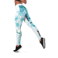 Samoa Siapo Pattern With Teal Hibiscus Leggings - Polynesian Pride