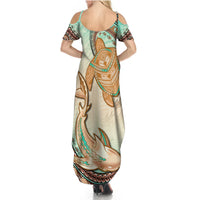 Hawaii Summer Maxi Dress Polynesian Shark and Sea Turtle Dreamy Turquoise Artsy LT14 - Polynesian Pride