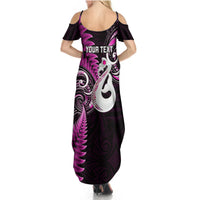 Personalised New Zealand Couples Summer Maxi Dress and Long Sleeve Button Shirts Aotearoa Silver Fern With Manaia Maori Unique Pink LT14 - Polynesian Pride