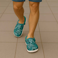 Teal Monstera Clogs Shoes Polynesian Tribal Pattern - Polynesian Pride