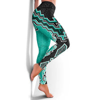 Teal Niho Taniwha Mix Poutama Leggings Unique Taniko Aotearoa - Polynesian Pride