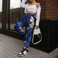 Teal Purple Banana Leaf Hawaii Jogger Pants Lau Maia Plumeria Tropical Summer Vibes