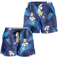 Teal Purple Banana Leaf Hawaii Shorts for Women Lau Maia Plumeria Tropical Summer Vibes