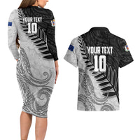 Personalized New Zealand Football Couples Matching Long Sleeve Bodycon Dress and Hawaiian Shirt Kiwi Mascot with Silver Fern - Maori Tribal Tattoo Art