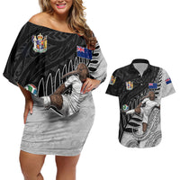 Personalized New Zealand Football Couples Matching Off Shoulder Short Dress and Hawaiian Shirt Kiwi Mascot with Silver Fern - Maori Tribal Tattoo Art