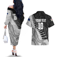 Personalized New Zealand Football Couples Matching Off The Shoulder Long Sleeve Dress and Hawaiian Shirt Kiwi Mascot with Silver Fern - Maori Tribal Tattoo Art