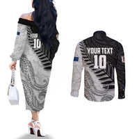 Personalized New Zealand Football Couples Matching Off The Shoulder Long Sleeve Dress and Long Sleeve Button Shirt Kiwi Mascot with Silver Fern - Maori Tribal Tattoo Art
