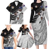 Personalized New Zealand Football Family Matching Long Sleeve Bodycon Dress and Hawaiian Shirt Kiwi Mascot with Silver Fern - Maori Tribal Tattoo Art