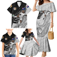 Personalized New Zealand Football Family Matching Mermaid Dress and Hawaiian Shirt Kiwi Mascot with Silver Fern - Maori Tribal Tattoo Art