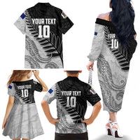 Personalized New Zealand Football Family Matching Off The Shoulder Long Sleeve Dress and Hawaiian Shirt Kiwi Mascot with Silver Fern - Maori Tribal Tattoo Art