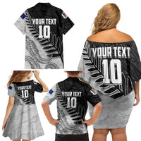 Personalized New Zealand Football Family Matching Off Shoulder Short Dress and Hawaiian Shirt Kiwi Mascot with Silver Fern - Maori Tribal Tattoo Art