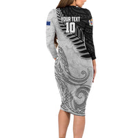 Personalized New Zealand Football Long Sleeve Bodycon Dress Kiwi Mascot with Silver Fern - Maori Tribal Tattoo Art