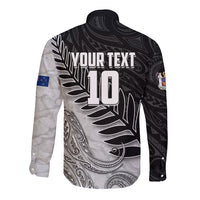 Personalized New Zealand Football Long Sleeve Button Shirt Kiwi Mascot with Silver Fern - Maori Tribal Tattoo Art