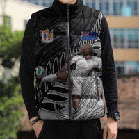 Personalized New Zealand Football Sleeveless Puffer Jacket Kiwi Mascot with Silver Fern - Maori Tribal Tattoo Art