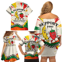 Support Your Fruity Friends Love Wins Gay Pride Family Matching Off Shoulder Short Dress and Hawaiian Shirt LGBTQ Retro 30s Cartoon Checkered