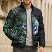 Federated States Of Micronesia Bomber Puffer Jacket FSM Tropical Monstera Leaf Dark Tribal Pattern