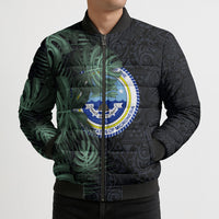 Federated States Of Micronesia Bomber Puffer Jacket FSM Tropical Monstera Leaf Dark Tribal Pattern