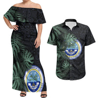Federated States Of Micronesia Couples Matching Off Shoulder Maxi Dress and Hawaiian Shirt FSM Tropical Monstera Leaf Dark Tribal Pattern