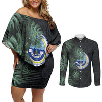 Federated States Of Micronesia Couples Matching Off Shoulder Short Dress and Long Sleeve Button Shirt FSM Tropical Monstera Leaf Dark Tribal Pattern